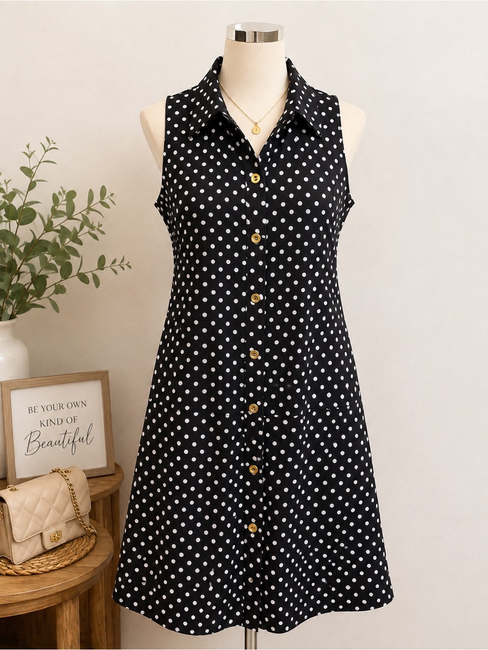 Black Polka Dot Sleeveless Midi Shirt Dress